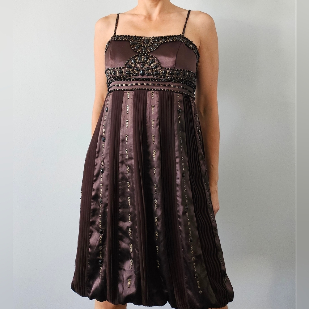 Sue Wong Nocturne Silky Beaded Sequin Slip Dress Satin Brown 4